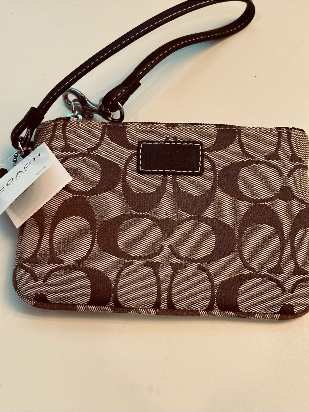 Coach Brown/Tan Signature Canvas Wristlet with Leather Strap